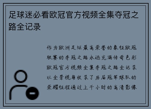 足球迷必看欧冠官方视频全集夺冠之路全记录