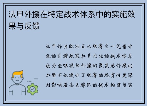 法甲外援在特定战术体系中的实施效果与反馈
