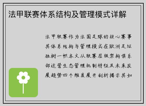 法甲联赛体系结构及管理模式详解